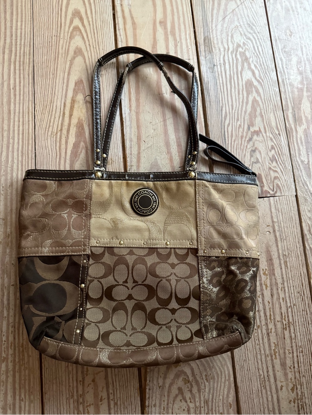 Coach Signature Patchwork Tote Bag - wear on handles in pics